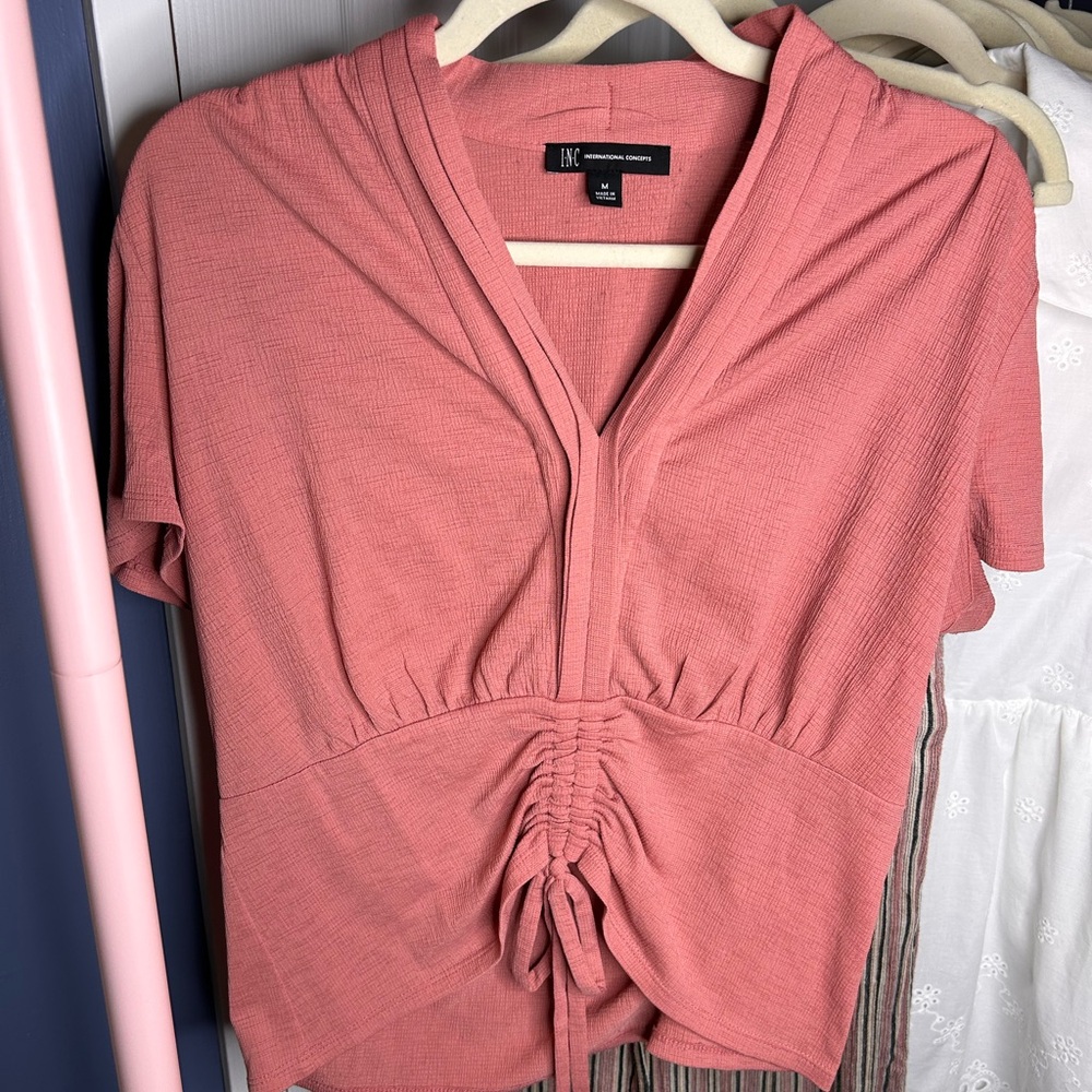 INC International Concepts Coral Pink Ruched adjustable Tie Front Blouse Medium